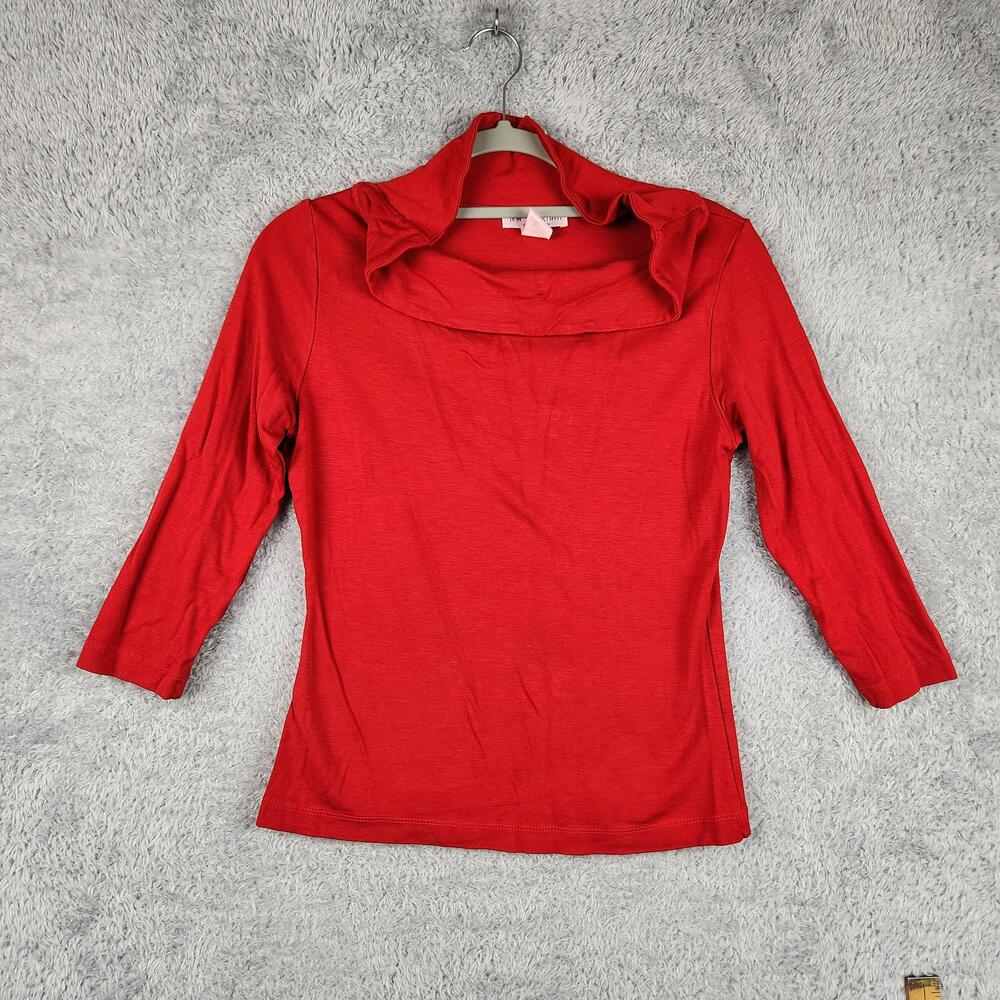 Vintage Lew Magram Blouse Womens Medium Red Cowl Neck 3/4 Sleeve Stretch 90s USA